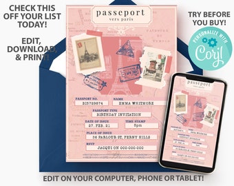 French Junk Journal page, Editable Paris Passport Invitations Template, Birthday Ticket Invite, Party Ideas, Vintage Paris Scrapbook Page