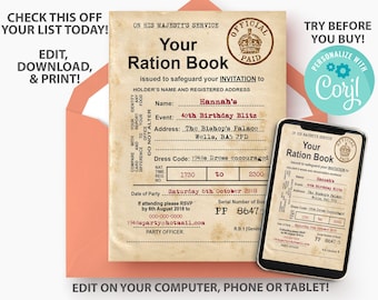 1940s British Ration Book Invitation, 90th birthday invitations, 1940s Invitation, 80th birthday invitations, 40th birthday invitations