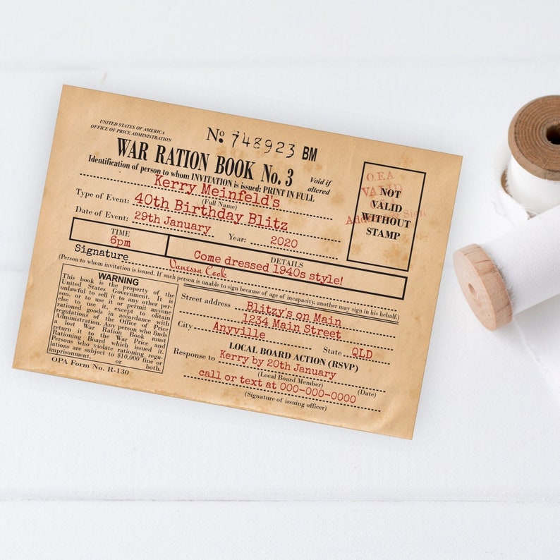 1940s US Ration Book 3 pages, Wartime American Homefront, Authentic look WWII Invitation image 1