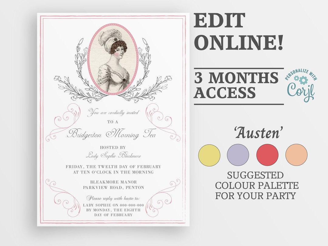 Tea Party Invitation, Regency Era Tea Party Bridal Shower, Jane Austen