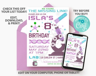 Science Birthday Party Invitation Template, Mad Scientist Invite, Girls Laboratory Invitation, Printable Digital Instant Download