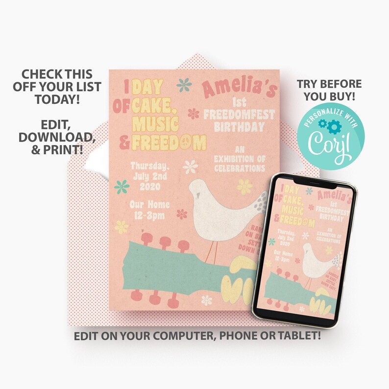 Printable Girl Invitation Template Hippie Birthday 70s Party Etsy Canada