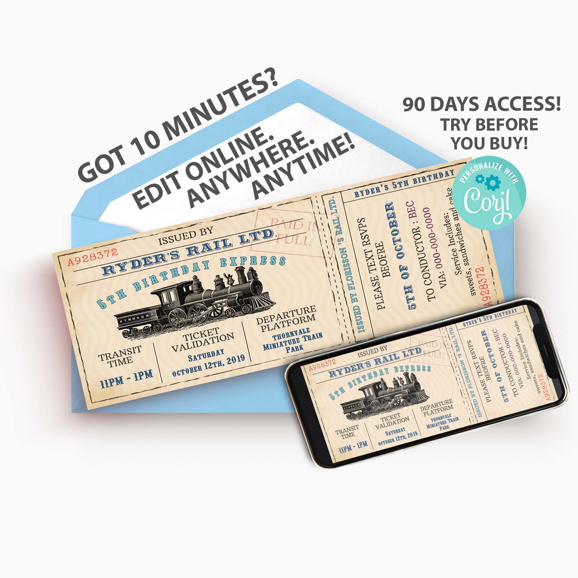 train ticket invitations train birthday invite printable etsy