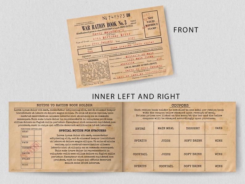 1940s US Ration Book 3 pages, Wartime American Homefront, Authentic look WWII Invitation image 2