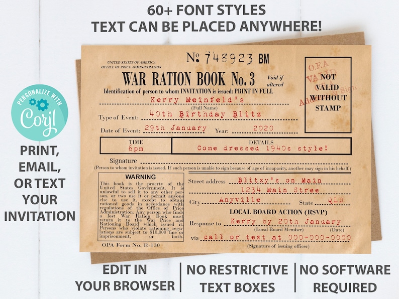 1940s US Ration Book 3 pages, Wartime American Homefront, Authentic look WWII Invitation image 3