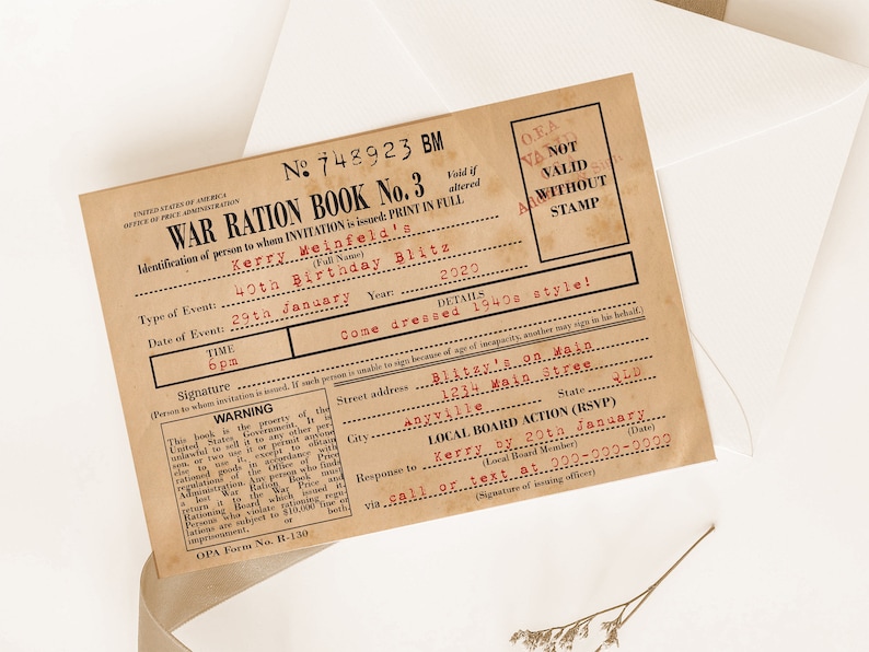 1940s US Ration Book 3 pages, Wartime American Homefront, Authentic look WWII Invitation image 7