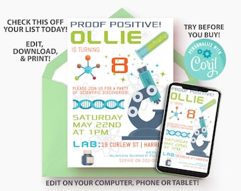 Science Birthday Party Invitation Template, Mad Scientist Invite, Boys Laboratory Invitation, Printable Digital Instant Download