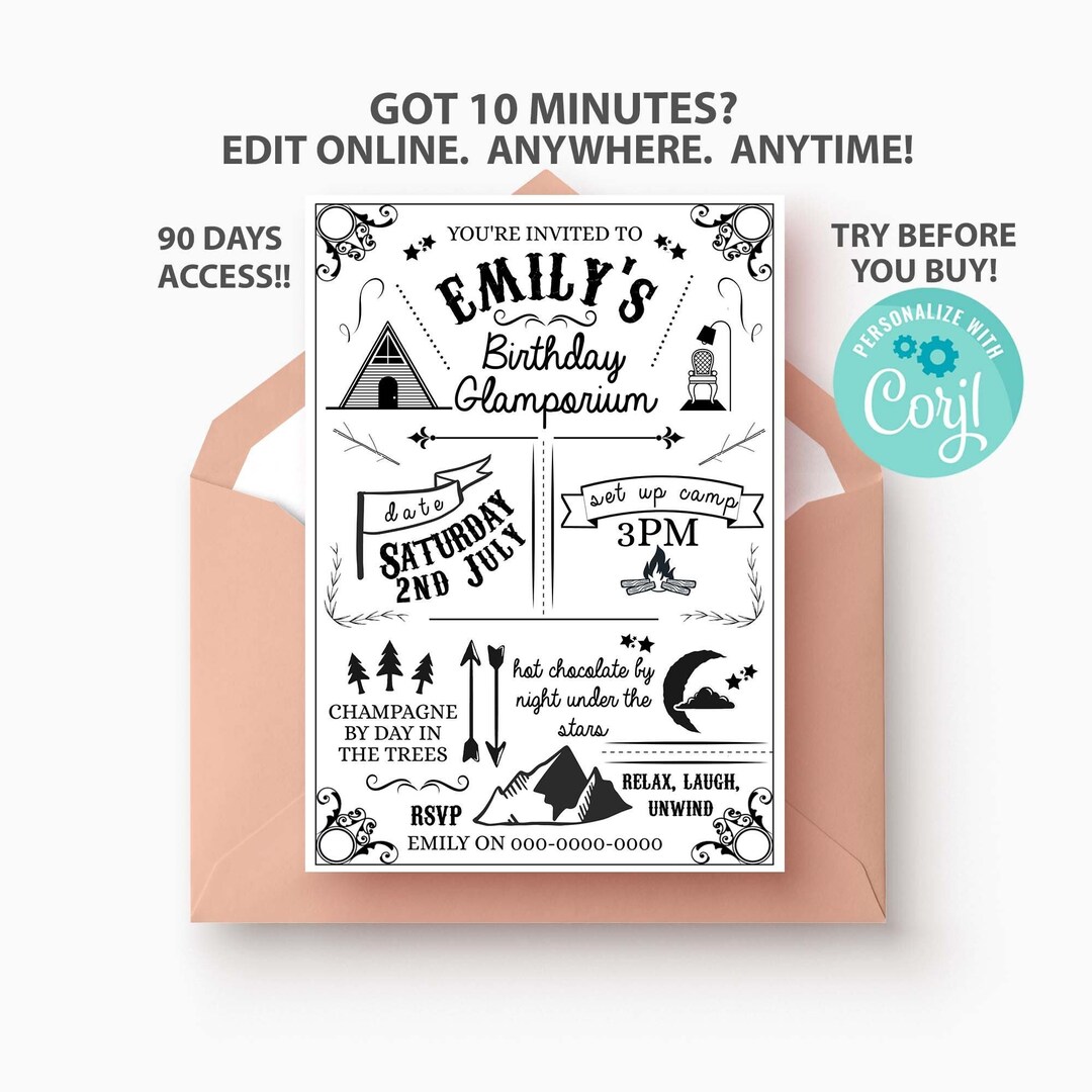 Glamping Birthday Invitation Template, Camping Party Invitation for ...