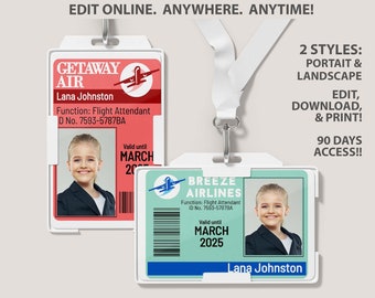 Flight Attendant ID Badge, Pretend Play Airline Uniform Name Badge, Editable Air Crew ID, Instant Download Tag Airport Party