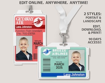 Flight Attendant ID Badge Pretend Play Airline Uniform Name Badge