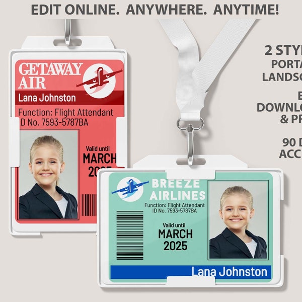 Flight Attendant ID Badge, Pretend Play Airline Uniform Name Badge, Editable Air Crew ID, Instant Download Tag Airport Party