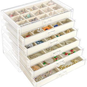 Acrylic Jewelry Box with 6 Drawers, Clear Earring Storage Organizer Display Case for Women Girls, Beige