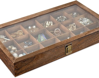 Wooden Display Storage Case with Tempered Glass Lid for Jewelry and Beads with 18 Compartments Tray, 15 W x 8 3/8 L x 2 1/8 H in,Brown Color