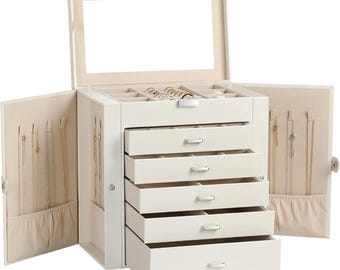 Large Jewelry Box,6-Tier PU Leather Jewelry Organizer,Multi-functional Storage Case with Mirror with 5 Drawers Pearl White