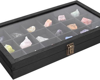 Wooden Jewelry Display Case with Tempered Glass Lid & 18 Compartments Tray, Rock Collection Box, Crystal Display Case, Black Color