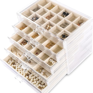 Acrylic Jewelry Organizer Earring Organizer Box with 5 Drawers Earring Holder Organizer with Velvet Trays Clear Jewelry Box for Studs(Beige)