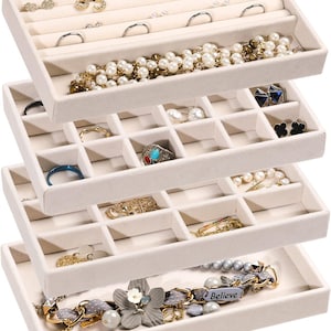 Jewelry Organizer Tray,Stackable Velvet Jewelry Trays,Drawer Inserts Earring Organizer For Women Jewelry Storage Display Case,Set of 4(Beige