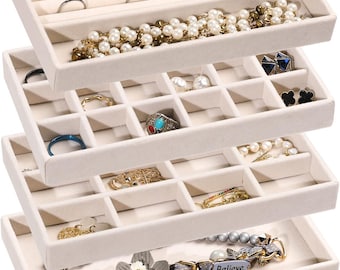 Jewelry Organizer Tray,Stackable Velvet Jewelry Trays,Drawer Inserts Earring Organizer For Women Jewelry Storage Display Case,Set of 4(Beige