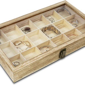 Wooden Jewelry Display Case with Tempered Glass Lid & 18 Compartments Tray, Rock Collection Box, Crystal Display Case, Oak Color