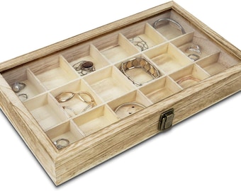 Wooden Jewelry Display Case with Tempered Glass Lid & 18 Compartments Tray, Rock Collection Box, Crystal Display Case, Oak Color