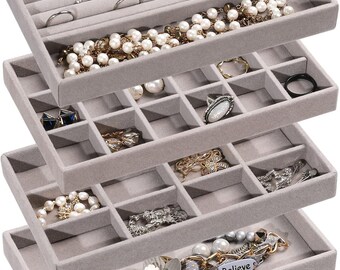 Jewelry Organizer Tray,Stackable Velvet Jewelry Trays,Drawer Inserts Earring Organizer Jewelry Storage Display Case for Rings,Set of 4(Grey)