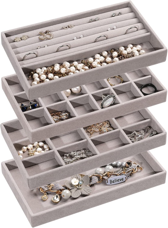 Jewelry Organizer Tray,Stackable Velvet Jewelry Trays,Drawer Inserts Earring Organizer Jewelry Storage Display Case for Rings,Set of 4(Grey)