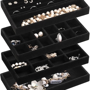 Jewelry Organizer Tray,Stackable Velvet Jewelry Trays,Drawer Inserts Earring  Storage Display Case for Rings Stud Necklaces,Set of 4(Black)
