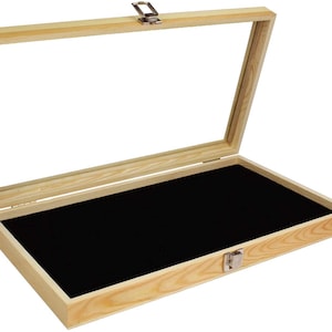Natural Wood Jewelry Display Case Accessories Storage Box with Metal Clasp, Glass Top and Black Velvet Pad Collectibles organization