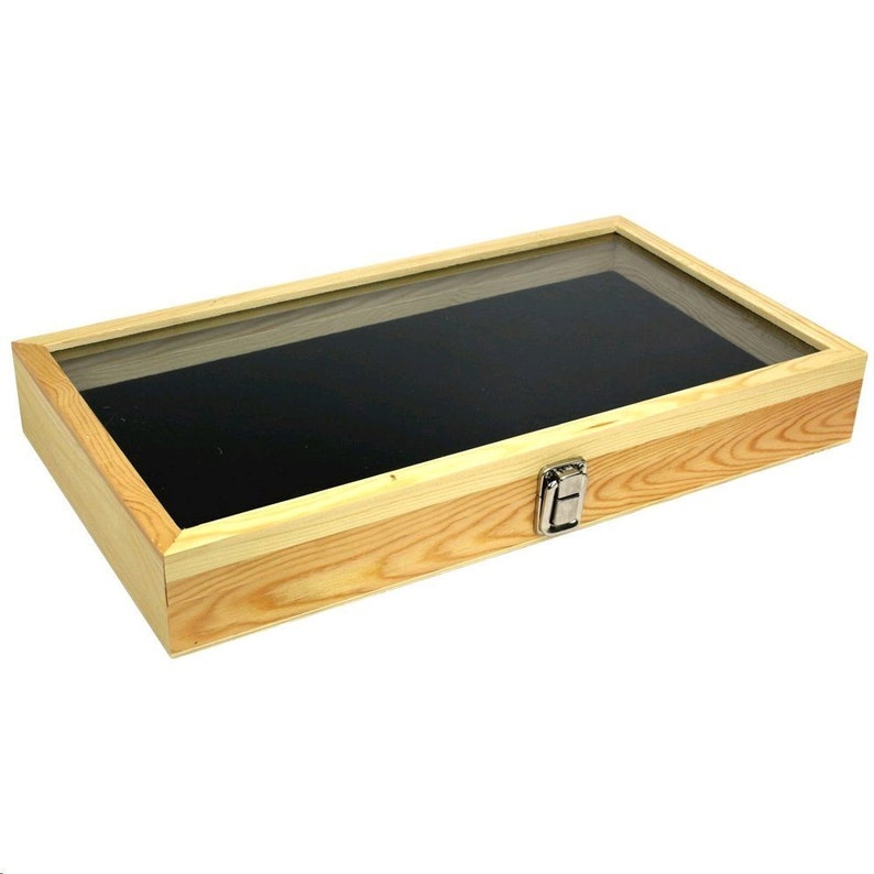 New Natural Wood Glass Top Lid black Pad Box Case Medals Awards Jewelry Knife image 1