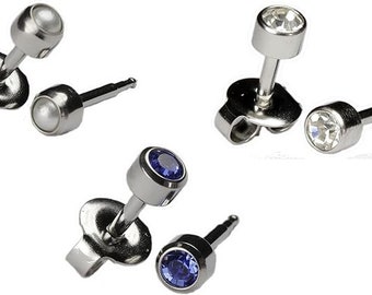 Ear Piercing Earrings Silver 3 Pairs of 4mm Stainless Steel with Gem 16ga Thick Post Studex Studs Hypoallergenic