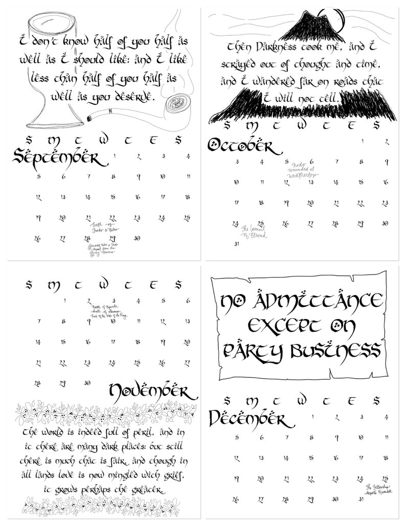 Printable 2024 Lord of the Rings Quotes and Dates Calendar // Etsy