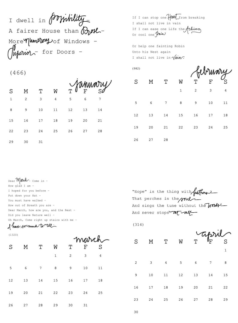 Calendrier poétique Emily Dickinson 2024 // Ensemble de types Etsy France