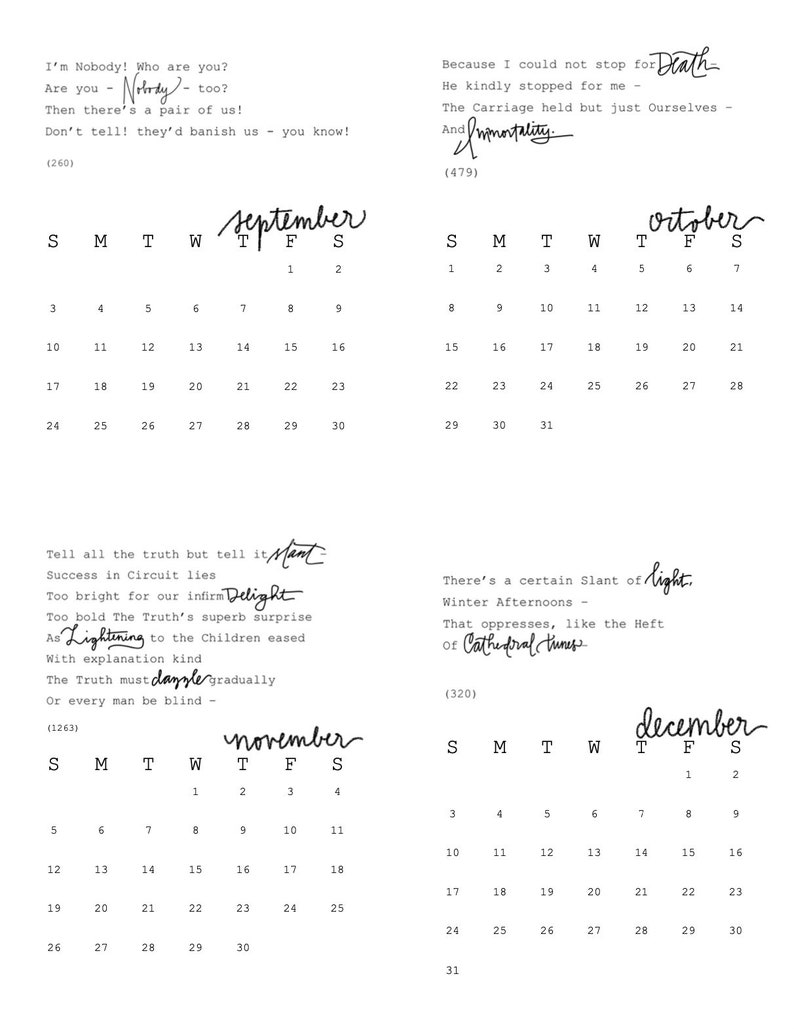 Printable 2024 Emily Dickinson Poetry Calendar // Type Set and
