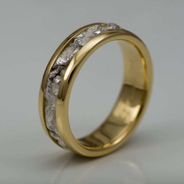 Hand Made Rustic 18k gold Man's Wedding Band with Reticulated Sterling Silver Inlay by Daniel Sommerfeld