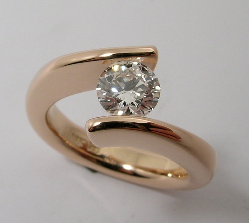 1 carat Canadian diamond tension set in Hand Made and Hammer Forged 18k Rose gold split sea wave Engagement Ring image 1