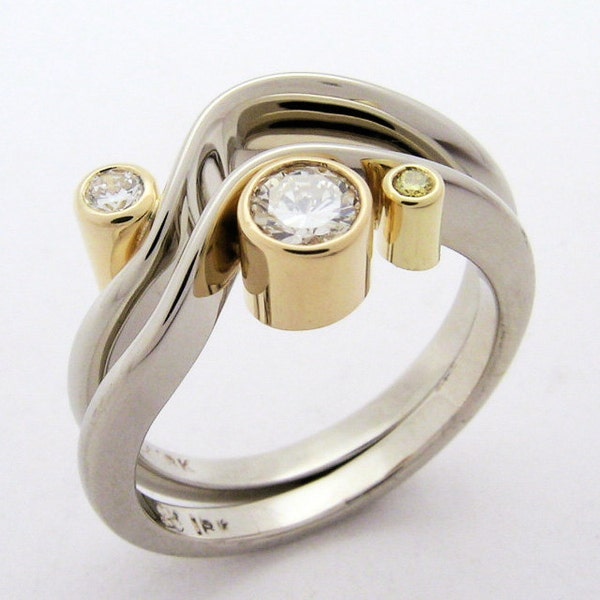 Hand Made and Hammer Forged Recycled 18k gold Diamond Sea Wave Engagement Ring and Matching Wedding Band