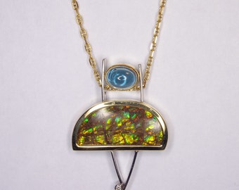 Blue Topaz Green Ammolite Canadian Diamond Pendant