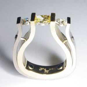 Unique OOAK Hand Made in Canada 18k yellow & white gold Fancy Yellow Argyle diamond Tension set with two Canadian Diamonds Engagement Ring