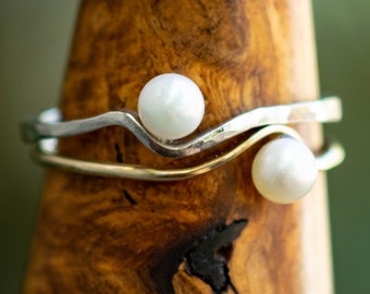 Hammered Akoya Pearl Ring, Platinum, Gold, Sterling Silver