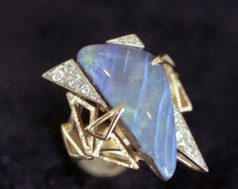 Breathtaking Pure Crystal Australian Boulder Opal and Diamond Hand Crafted Artisan Made Cocktail Ring in 18k Gold & Platinum