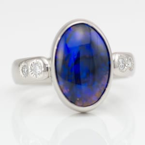 SOLD Custom cut Blue Fire Lightning Ridge Black Opal and White Gold Diamond Ring