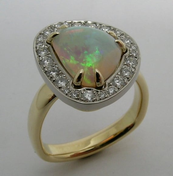 Ooak Pure Crystal Australian Opal and Diamond Halo Hand Made in Canada Ring in 18k Gold Platin Etsy