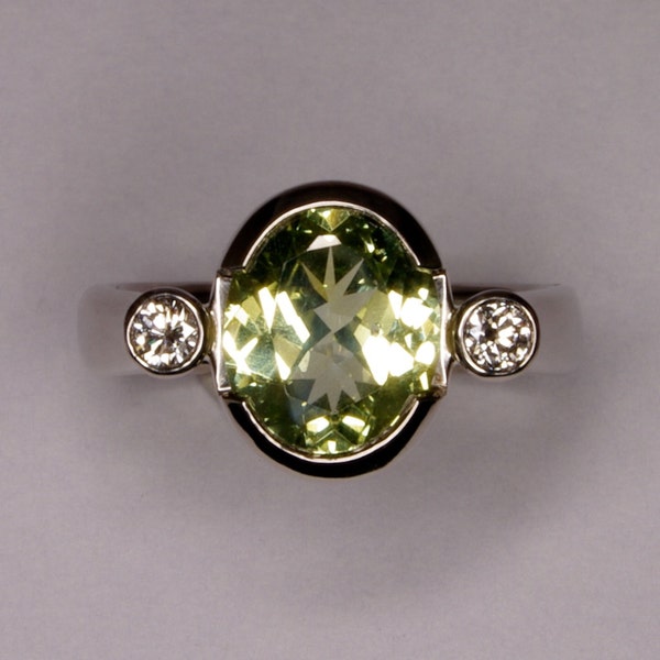 1/2 Bezel Set Lime Green Chrysoberyl Hammer Forged 18k White Gold Ring