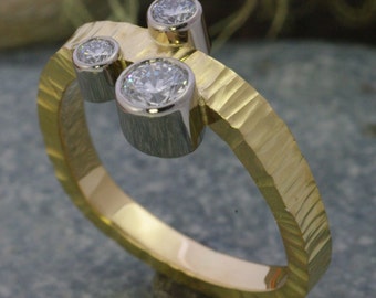 OOAK Hand Fabricated in Canada Canadian Diamond 18k Yellow Gold Hammered Ring Size 5 3/4