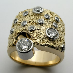 Hand Made 18k gold Man's Wedding Band with fused 24 karat gold and Diamonds set in Platinum bezels