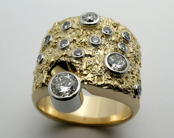 Hand Made 18k gold Man's Wedding Band with fused 24 karat gold and Diamonds set in Platinum bezels