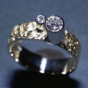 Very Unique Hand Made Fused Placer Gold Nugget Recycled 18k gold and Platinum Canadian Diamond Engagement Ring