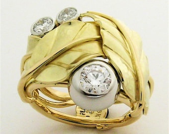 Handmade Leaf Canadian Diamond Wedding Ring Recycled 18k Gold Platinum