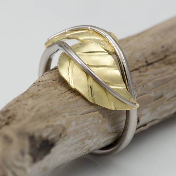 Hand Chased & Repousse formed 18k yellow and white gold two leaves wedding ring, one of a kind by Daniel Sommerfeld