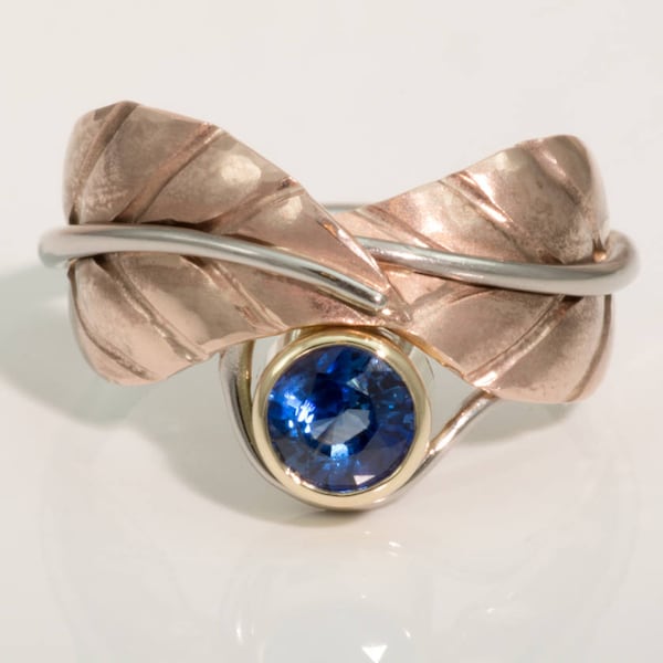 Hand Chased & Repousse formed 18k rose and white gold two leaves and Ceylon Sapphire wedding ring, one of a kind by Daniel Sommerfeld